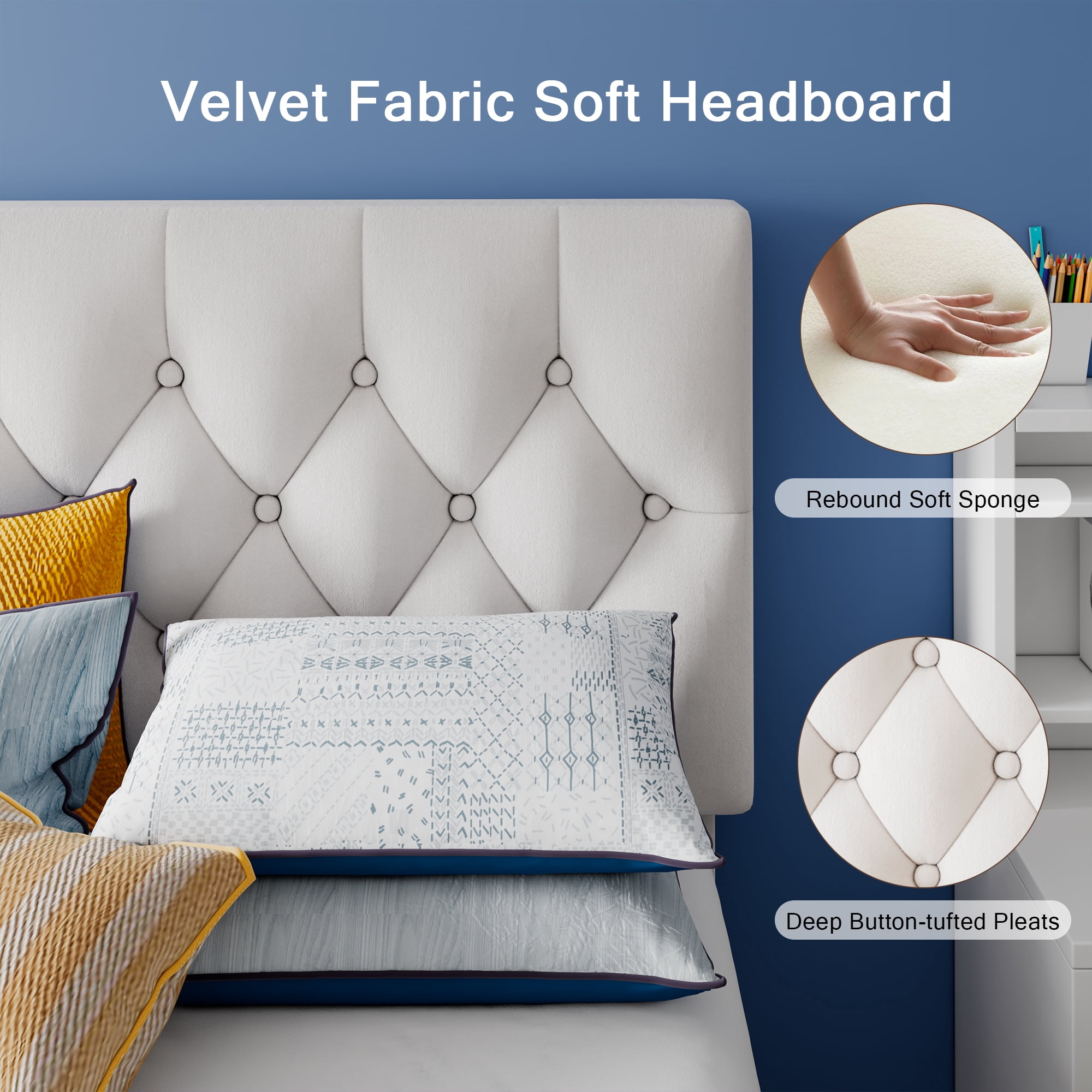 Virans Velvet Twin Size Platform Bed Frame with Tufted Button Headboard,Upholstered Bed with Wood Slat Support,No Box Spring,Noise Free,Easy Assembly, White
