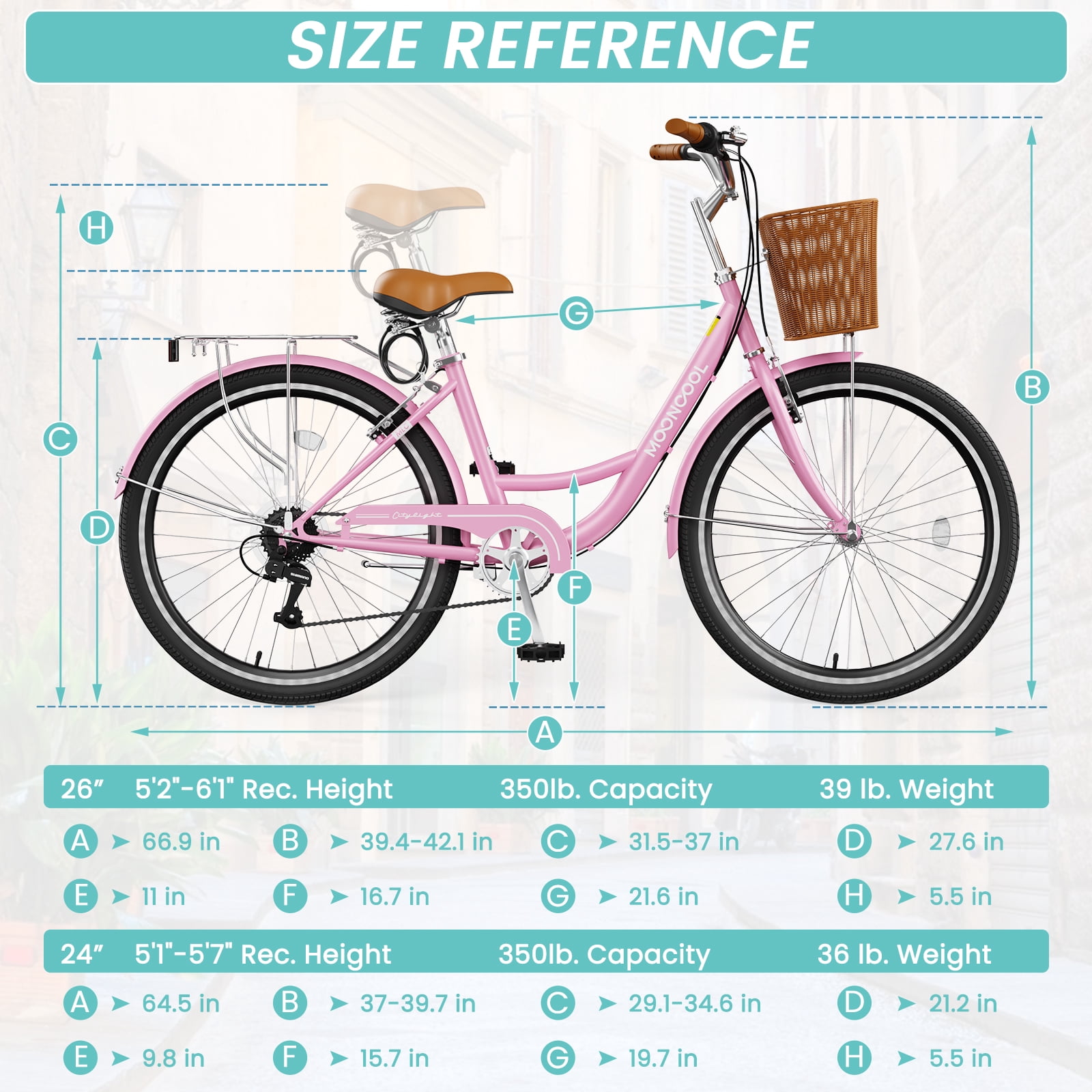 MOONCOOL 24/26 Inch Cruiser Bike for Women, 7 Speed Step-Through Bicycle with Basket, Rear Rack & Lock, Retro City Bike for Adults