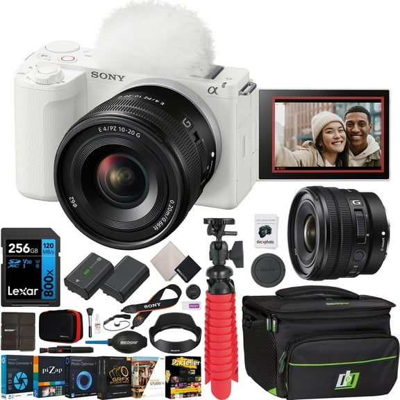 Sony ZV-E10 II Mirrorless Alpha APS-C Camera Body   10-20mm F4 G Lens White ZVE10M2W Bundle with Deco Gear Case   Extra Battery   256GB Card   Tripod, Software & Accessories Kit