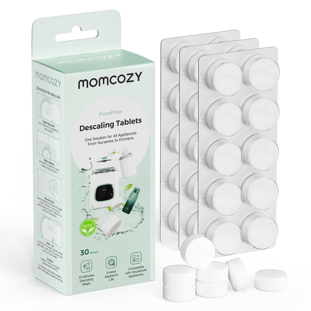 tabletas descalcificadoras momcozy, 30 unidades, para aparatos de bebé paquete y blisters con pastillas blancas; vista frontal centrada del empaque verde menta con logo Momcozy y cuatro blisters plateados, varias tabletas circulares sueltas de superficie lisa sobre fondo blanco; compatibles con lavadores de biberones Momcozy KleanPal Pro, calentadores y esterilizadores según especificaciones, y a menudo usadas también en cafeteras y hervidores para mantenimiento rutinario.