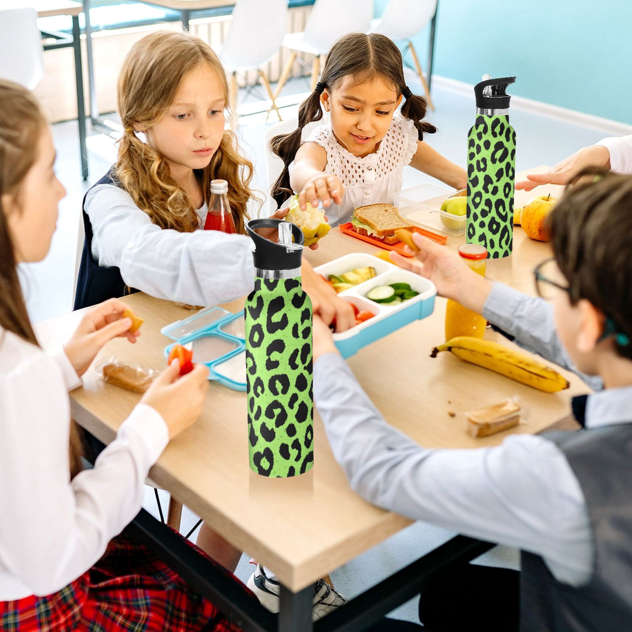 Kids Insulated Stainless Steel Sports Water Bottle 600ml Neon Green Leopard Print