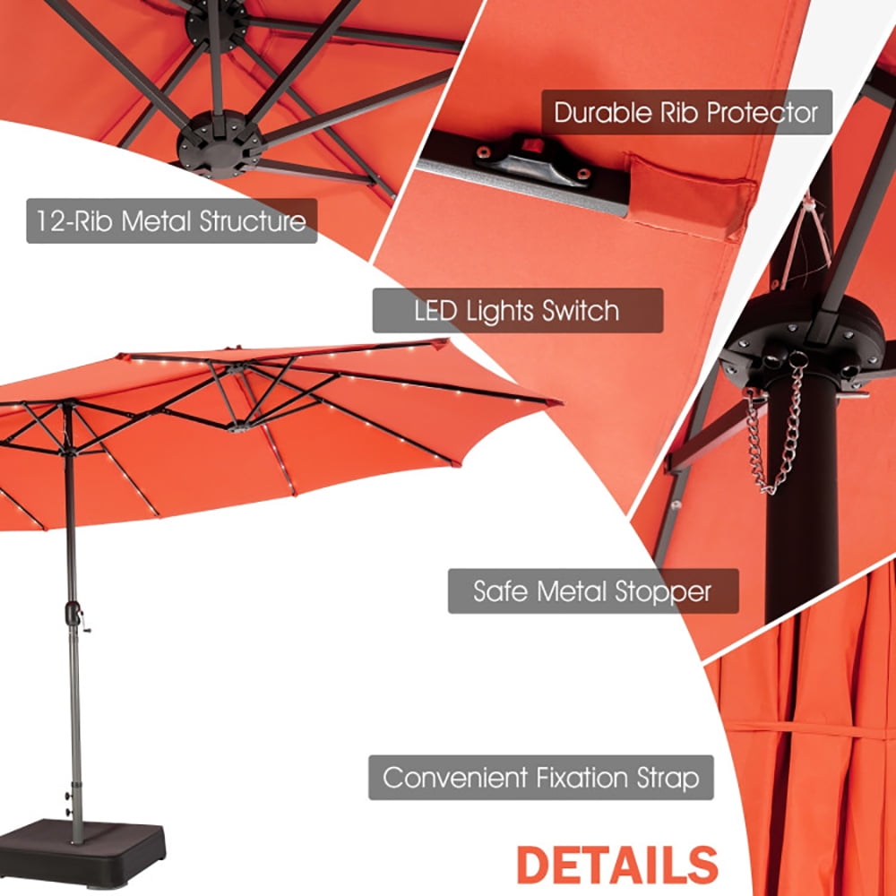 Aimee Lii 15 Feet Twin Patio Umbrella with 48 Solar LED Lights, Outdoor Umbrellas for Patio, Orange
