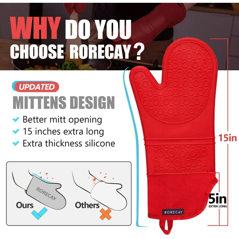 Rorecay Extra Long Oven Mitts and Pot Holders Sets: Heat Resistant Silicone  Oven Mittens with Mini Oven Gloves and Hot Pads Potholders for Kitchen