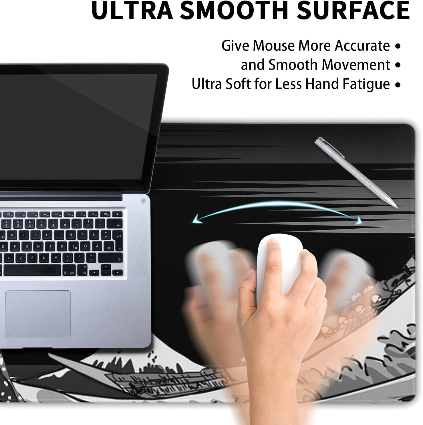 Japanese Sea Wave Large Mouse Pad Abstract Black Sea Wave Texture Mouse Pad Non-Slip Rubber Base Large Gaming Mousepad, Kanagawa Stitched Edges PC Keyboard Desk Mat for Home Office 35.4 x 15.7 Inch