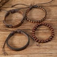 thumbnail image 4 of 4 Styles Adjustable PU Leather Wristbands Leather Hexagram Wrist Cuff Ethnic Tribal Black Brown Woven Wrap Natural Wood Beads Bracelet Arm Armor, 4 of 9