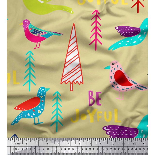 Soimoi Beige Silk Fabric Text & Bird Artistic Print Fabric by Yard 42 Inch Wide