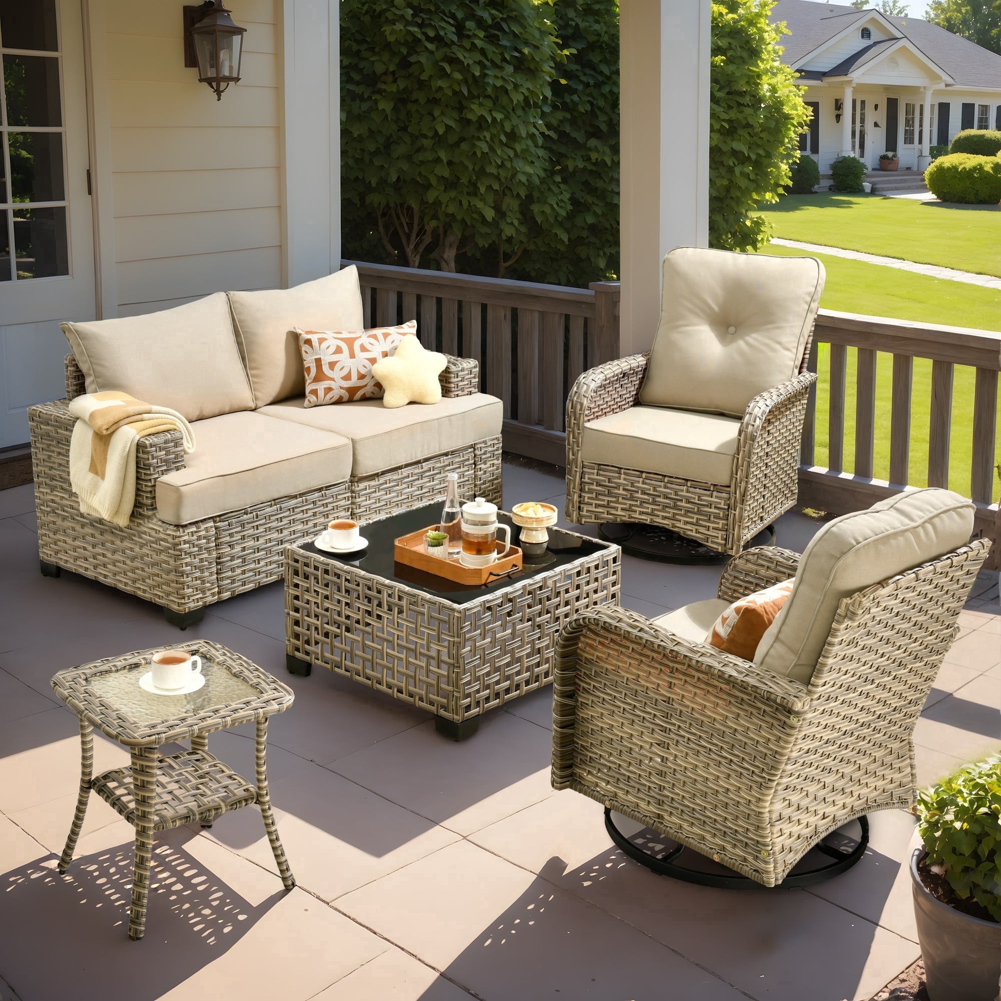 XIZZI Outdoor Patio Furniture Sets, 6 Pieces Outdoor Sectional wicker patio furniture with Coffee Table and Swivel Chairs, All-Weather Conversation set for Porch, Beige