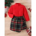 thumbnail image 3 of Toddler Girl 2 Piece Outfit Christmas Ribbed Long Sleeve Tops and Irregular Plaid Skirt Set, 3 of 8