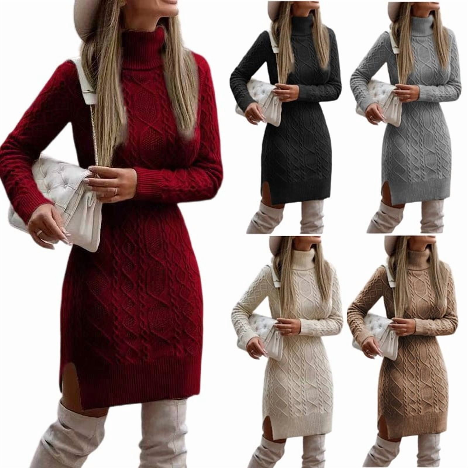 TrdSipl Women High Neck Sweater Dress Lounge Chunky Long Sleeve Split Bodycon Mini Dress Fall Fashion Cable Knitted a Line Tunic Dresses