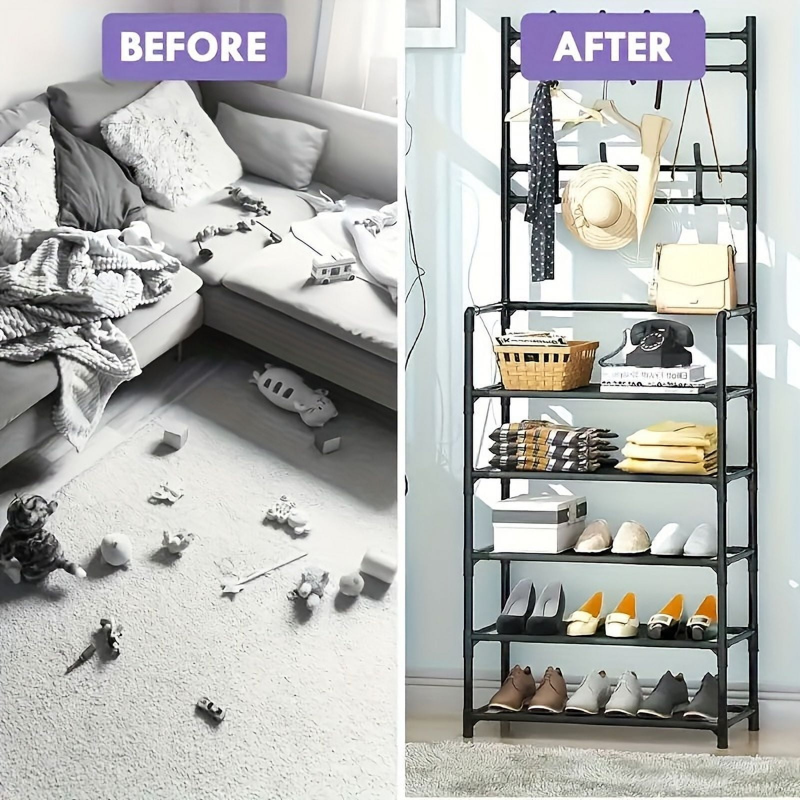 STORVIX 5-tier Multifunctional Metal Shoe Rack with 8 Double Hooks Shoes Storage