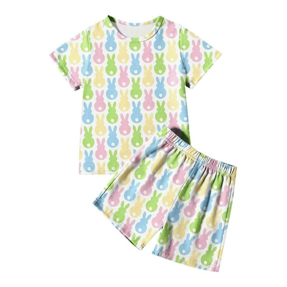 Easter Girls Pajamas Set Easter Bunny Print Crewneck Short Sleeve T-Shirt And Shorts Set Kids Summer Pajamas