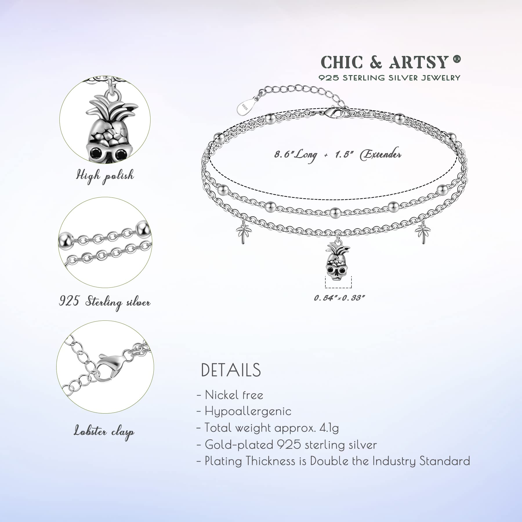 CHIC & ARTSY Ankle Bracelets for Women 925 Sterling Silver Anklets for Women Adjustable Hypoallergenic Layered Foot Chain with Skull Pineapple Anklet