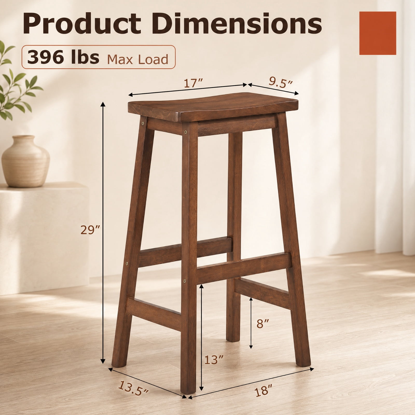 Furnibear 29" Set of 2 Saddle-Seat Counter Height Stools with Curved Seat and Footrests for Kitchen Island Counter Bar Pub Dining Home, Walnut