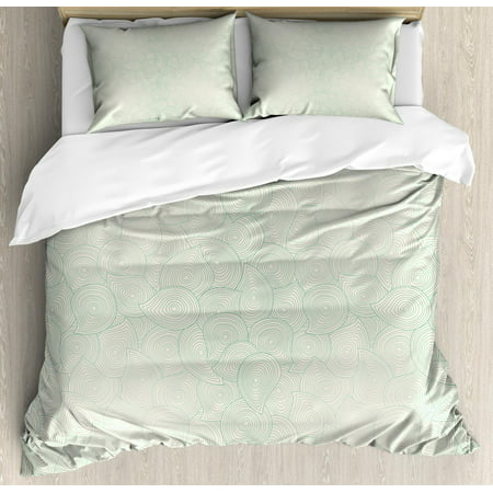 Abstract Duvet Cover Set King Size, Jumbled Composition of Moire Uneven Drop Shapes Abstract Complex Design, Decorative 3 Piece Bedding Set with 2 Pillow Shams, Sea Green Eggshell, by