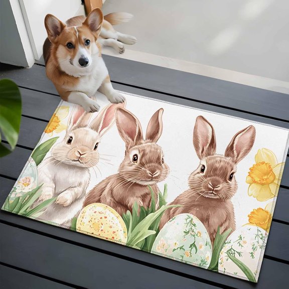 Easter Rabbit Front Door Rugs 2x3 ft Watercolor Green Yellow Eggs Spring Yellow Floral Leaf Small Rug for Entryway Non Slip Washable Bathroom Door Mat Absorbent Floor Mat for Indoor Entrance