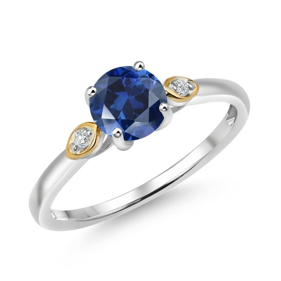 Gem Stone King 925 Silver and 10K Yellow Gold Blue Created Sapphire and White Lab Grown Diamond 3-Stone Engagement Ring for Women (1.03 Cttw, Round 6MM, Gemstone September Birthstone, Size 9)