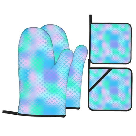 

Oven Mitts and Pot Holders 4 Piece Glittery Mint Fish scale High Heat Slip Resistant Oven Mitt and Trivets Set Kitchen Oven Glove Pot Holders for Cooking Baking Grilling