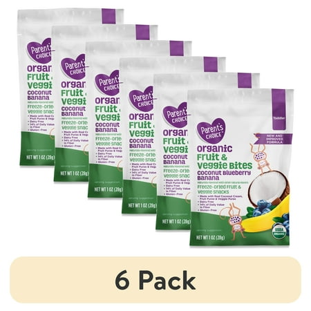 (6 pack) Parent’s Choice Organic Stage 3 Toddler Snacks, Coconut, Blueberry, and Banana Fruit Bites, 1 oz