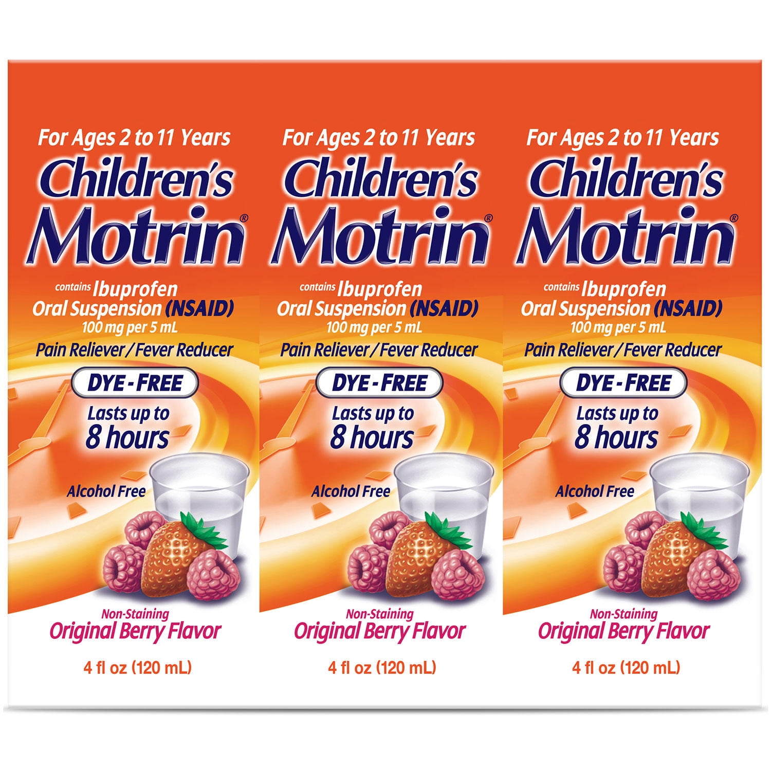 3 Pack - Children's Motrin Ibuprofen Oral Suspension Dye-Free Berry 4oz Each