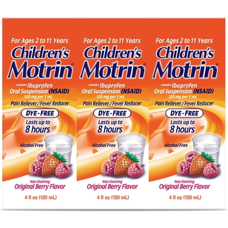 3 Pack - Children's Motrin Ibuprofen Oral Suspension Dye-Free Berry 4oz Each