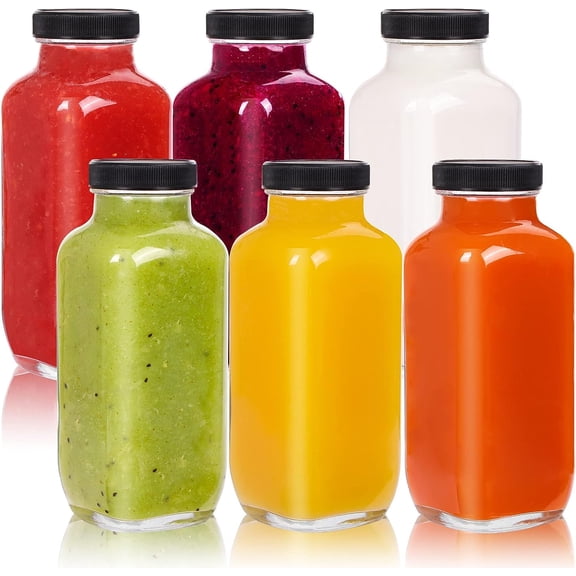 NANAHuang 16oz Juice Bottles, Clear Glass Jars with Lids, Reusable Square Beverages Drinking Jars with Tamper-proof Black Caps for Travel Milk Water Tea Kombucha Smoothie Boba(6 Pack)