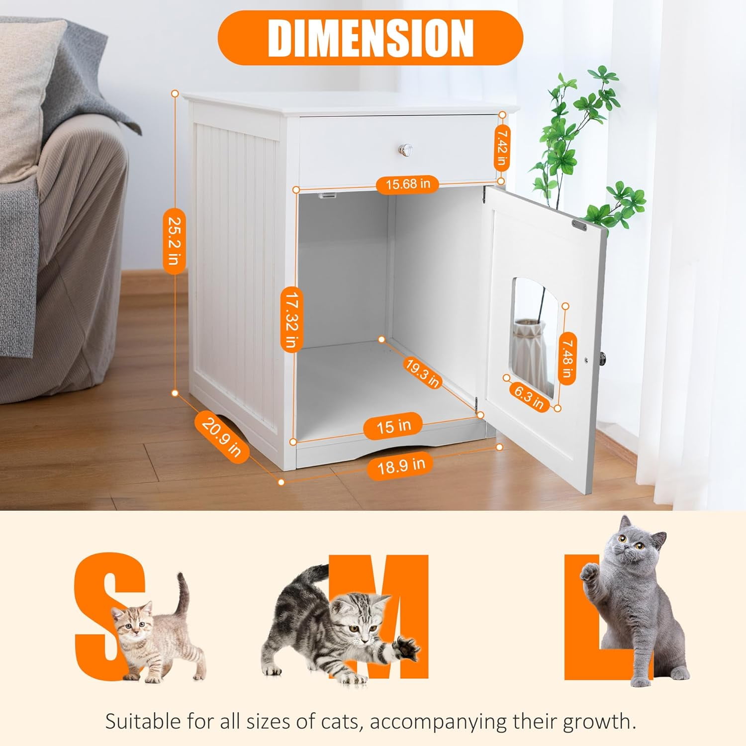 ZephyPaws Cat Cupboard,Cat Litter Cabinet,Indoor Cat House Side Table,Litter Box Enclosure,Pet Crate Nightstand,Cat Litter Box Furniture Look Bathroom,Hides Your Cat’s Litter Box,White