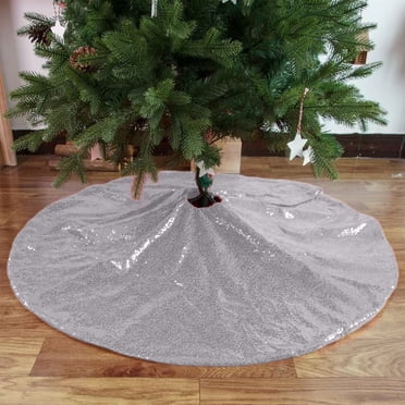 Reversible Sequins Christmas Tree Skirt 48x48 Inches, Sparkling Round Holiday Decor Mat with Non-Slip Backing for Tree Floor Protection Silver