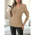 thumbnail image 2 of Women V Neck Long Sleeve Sweaters Criss -Wrap Ruched Pullover Fall Tops Khaki S, 2 of 6