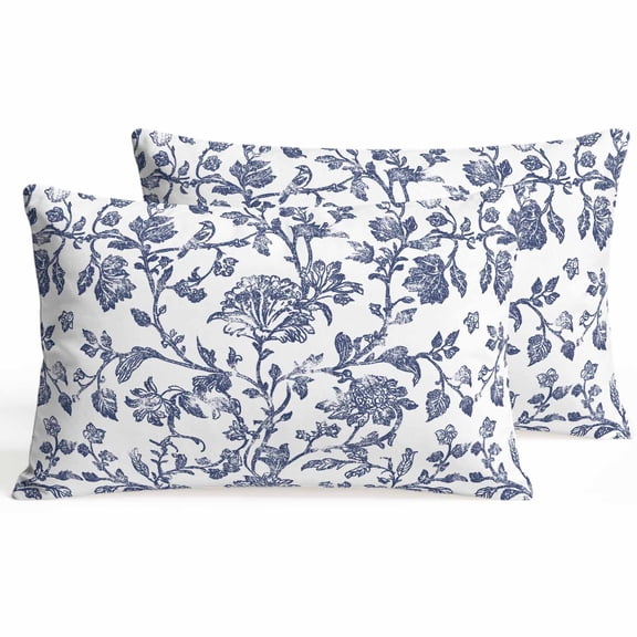 Set of 2 Vintage Blue Floral Pillow Covers 12x20 Inch, Farmhouse Flower Pastoral Style Decorative Throw Pillow Cases Cotton Cushion Covers for Sofa Couch Bed Living Room Bedroom Home Decor