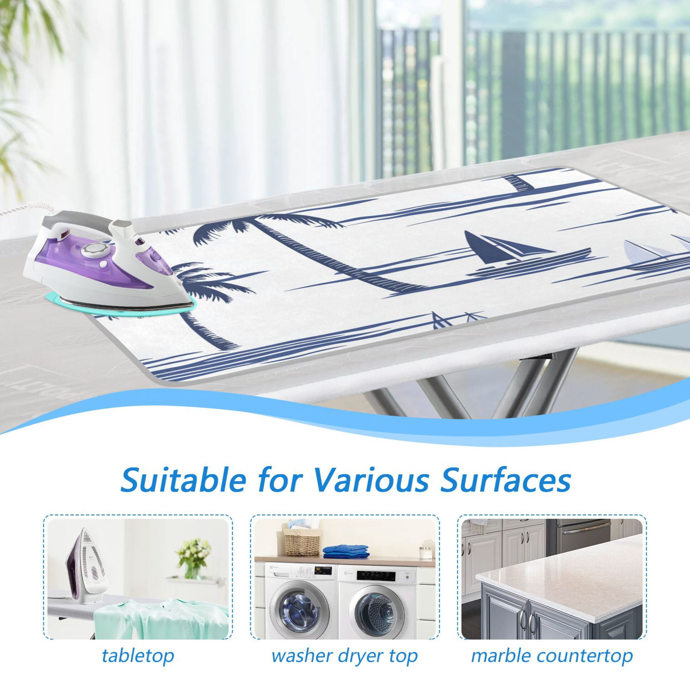 Boats Coconut Trees Navy Blue Ironing Mat Blanket Portable Travel Ironing Pad Heat Resistant Pad 47.2" x 27.6”