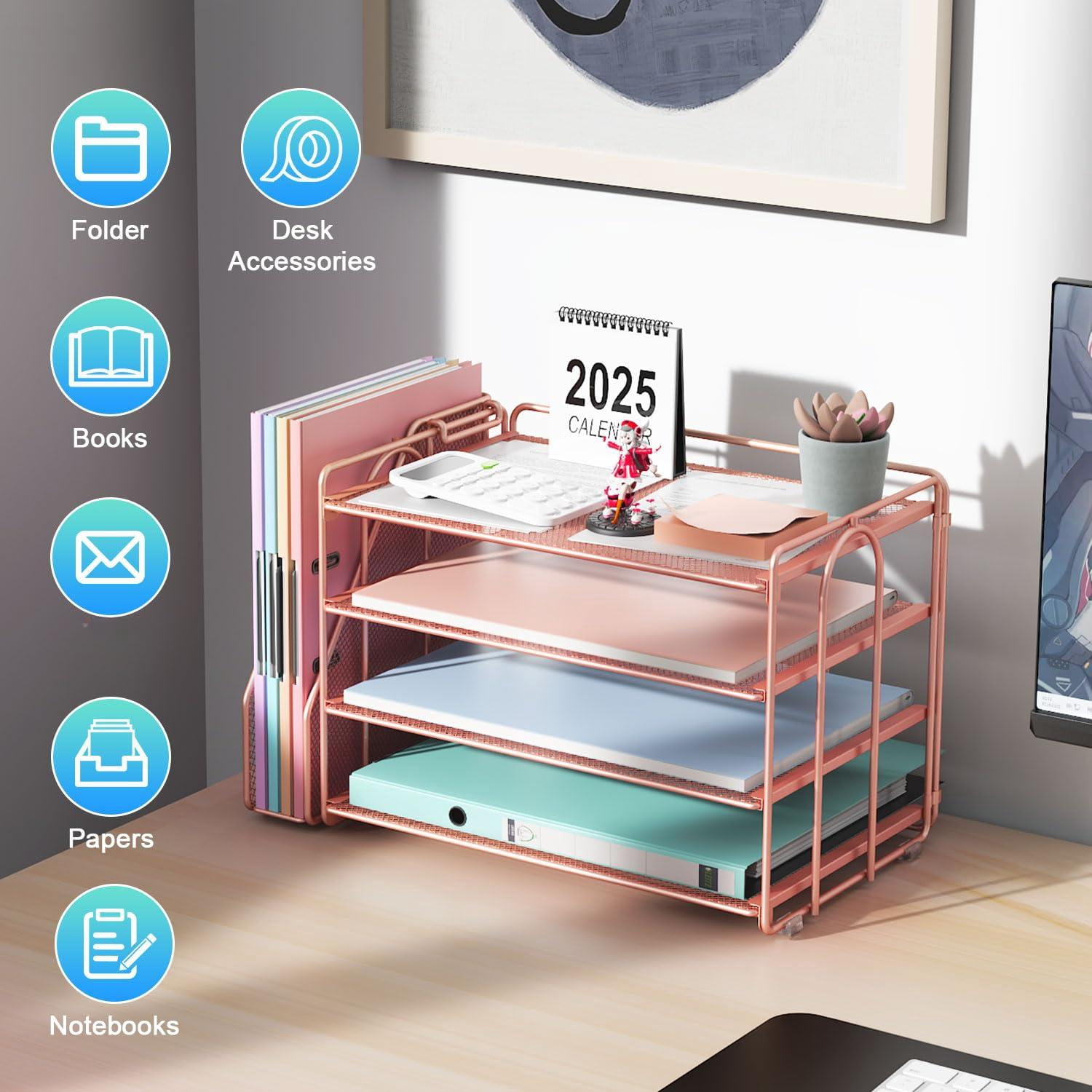 4-tier Paper Organizer With Magazine Holder  Desk Organizers And Accessories & Workspace File For Office Supplies Storag (rose 4-tier)