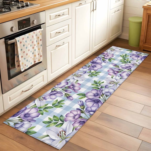 Purple White Flowers Runner Rugs 2x6 ft Spring Plants Green Leaf Watercolor Blue Plaid Washable Hallway Rugs Non-Slip Floor Mats Absorbent Carpet Bedside Runners for Bedroom Kitchen Laundry Room
