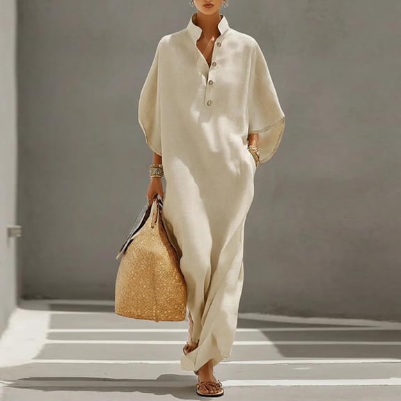 Guieoi Womens Dresses Fall Plus Size Loose Casual Cotton-Linen 3/4-Sleeve V-Neck Dress Flowy Maxi Dresseses Beige L