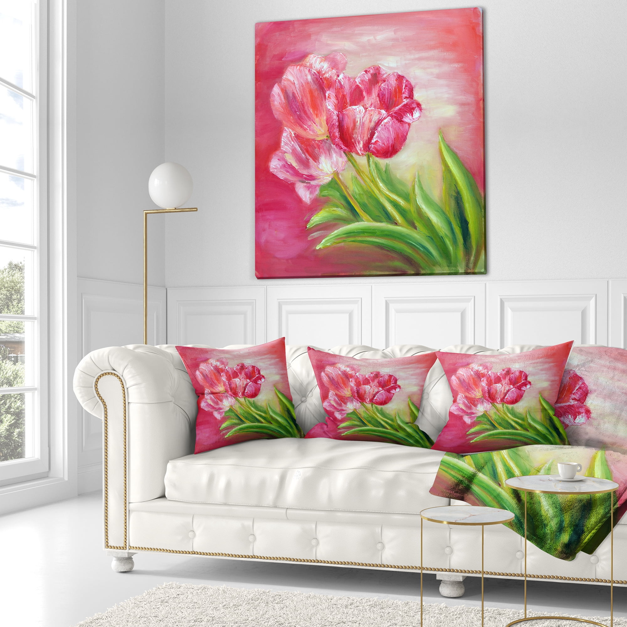 Designart Red Tulips in Red Background - Floral Throw Pillow - 18x18