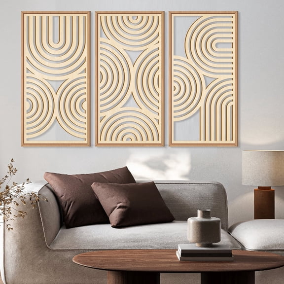 HPNIUB Boho Wooden Framed Wall Art Mid-Century Modern Abstract Geometric Decor Minimalist Set of 3 for Living Room Bedroom Office 16x32 Inch