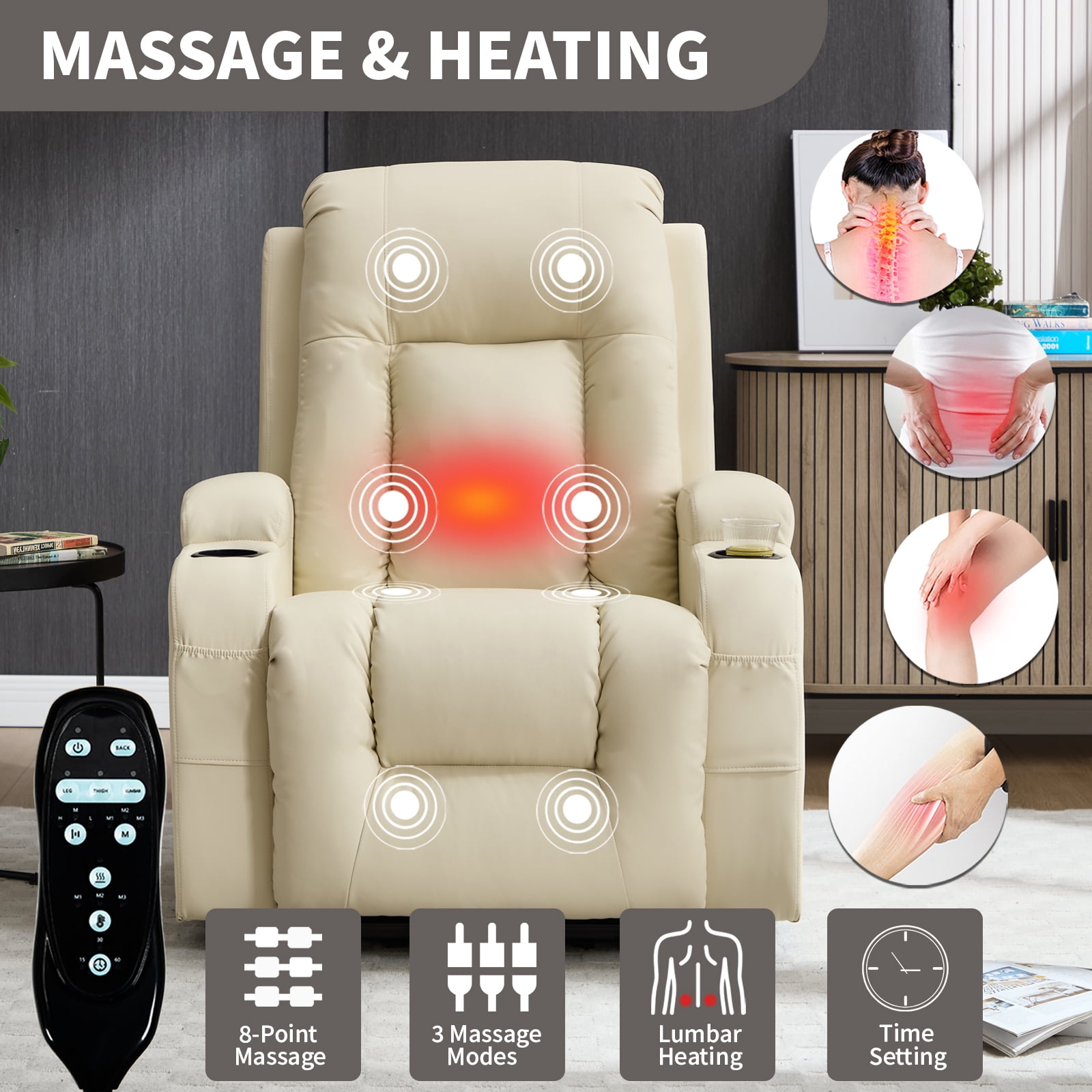 Power Lift Recliner Chair with Massage and Heat,Faux Leather Soft Chair with USB Charging&Cup Holders, Infinite Position Reclining,Heavy Duty 350 LBS Capacity