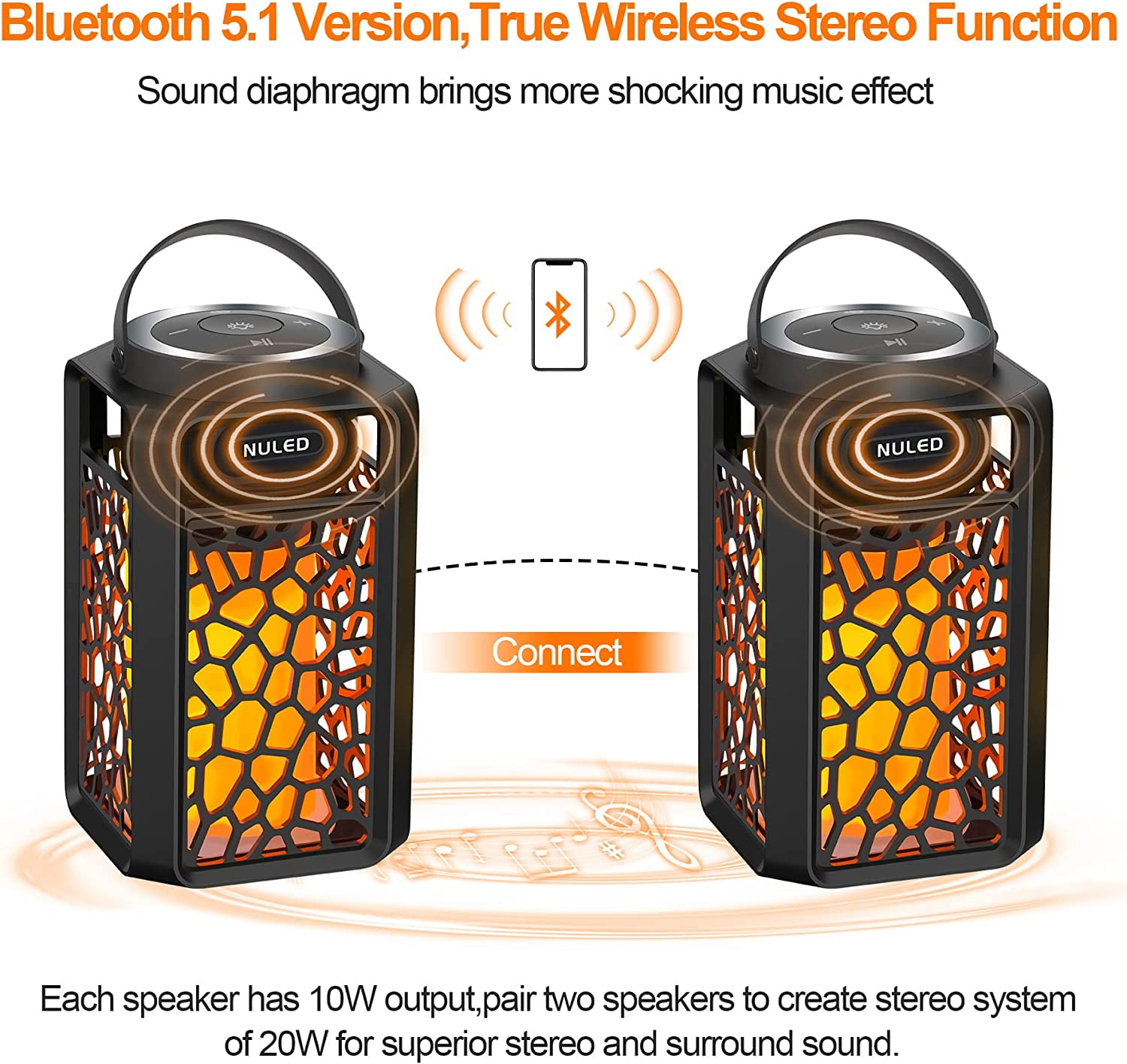 NUNET 10W TWS Outdoor Bluetooth 5.1 Speakers Flame Speakers Tiki Torch Lantern Waterproof Wireless Portable Sound System 2PK