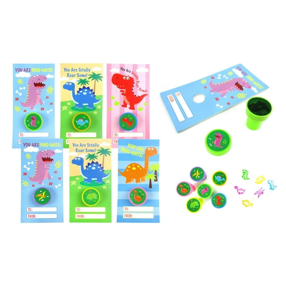 36 Pack Dinosaur Cards with Stampers for Valentine's Day, Classroom Exchange, Birthday Party Favors