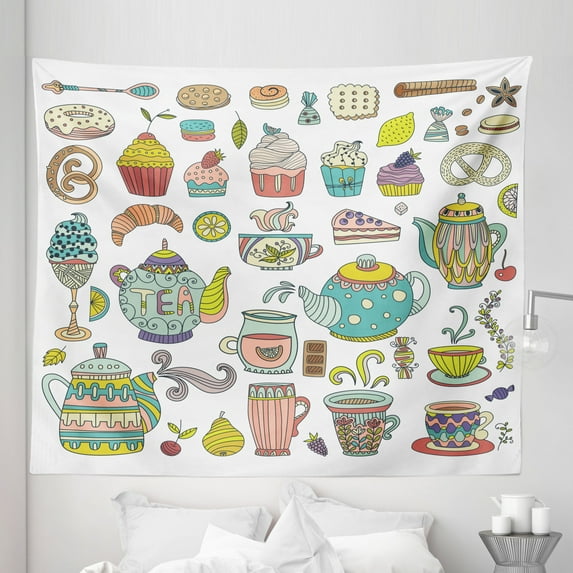 Tea Party Tapestry, Coffee and Dessert Cupcake Bagel Doughnut Baked and Sweets Cinnamon Teapot, Fabric Wall Hanging Decor for Bedroom Living Room Dorm, 5 Sizes, Multicolor, by Ambesonne