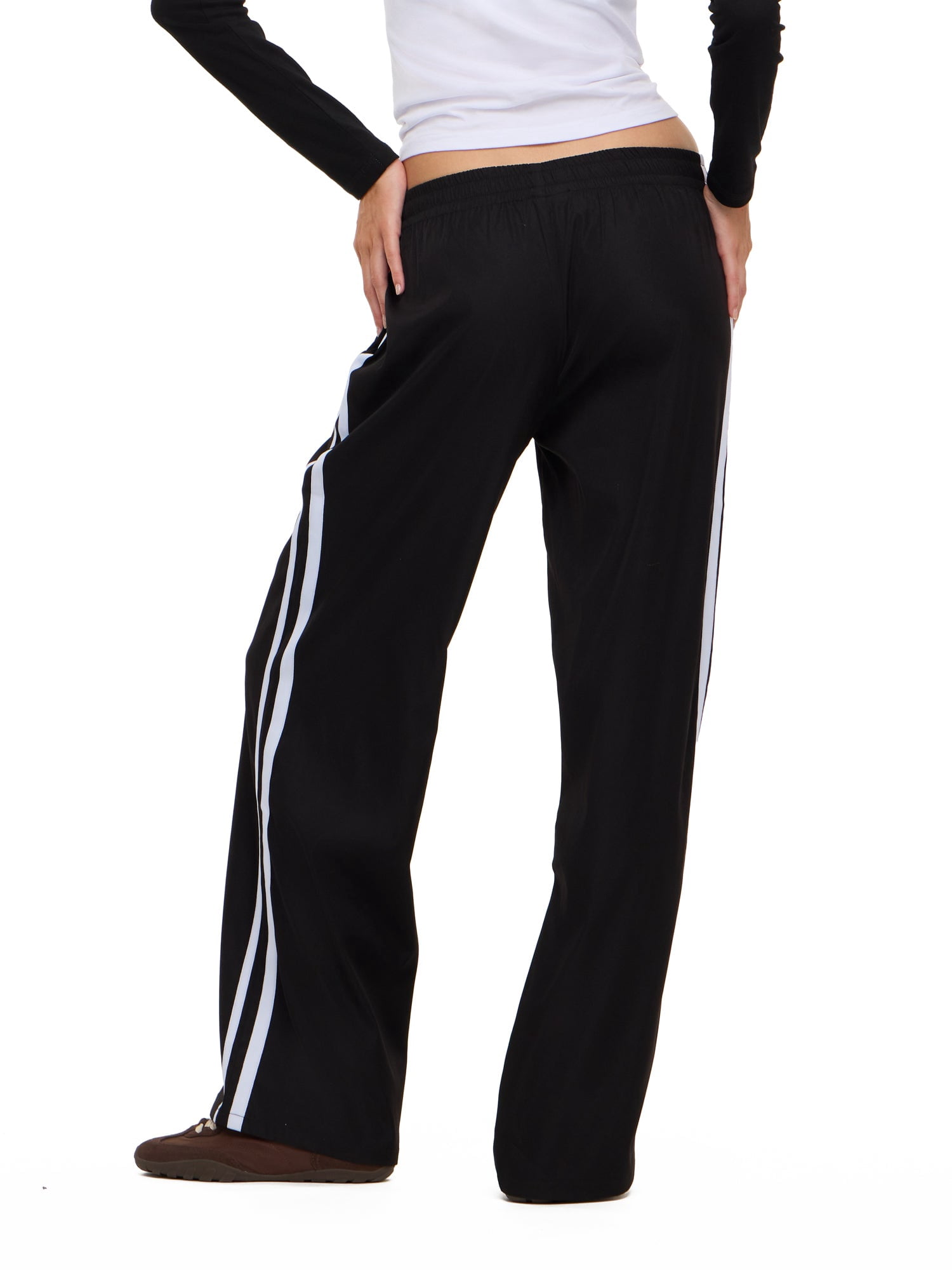 Forever 21 Women's Wide Leg Track Pants with Side Stripes, 100% Polyester Casual Athletic Lounge Pants, Black, XXS-XXL