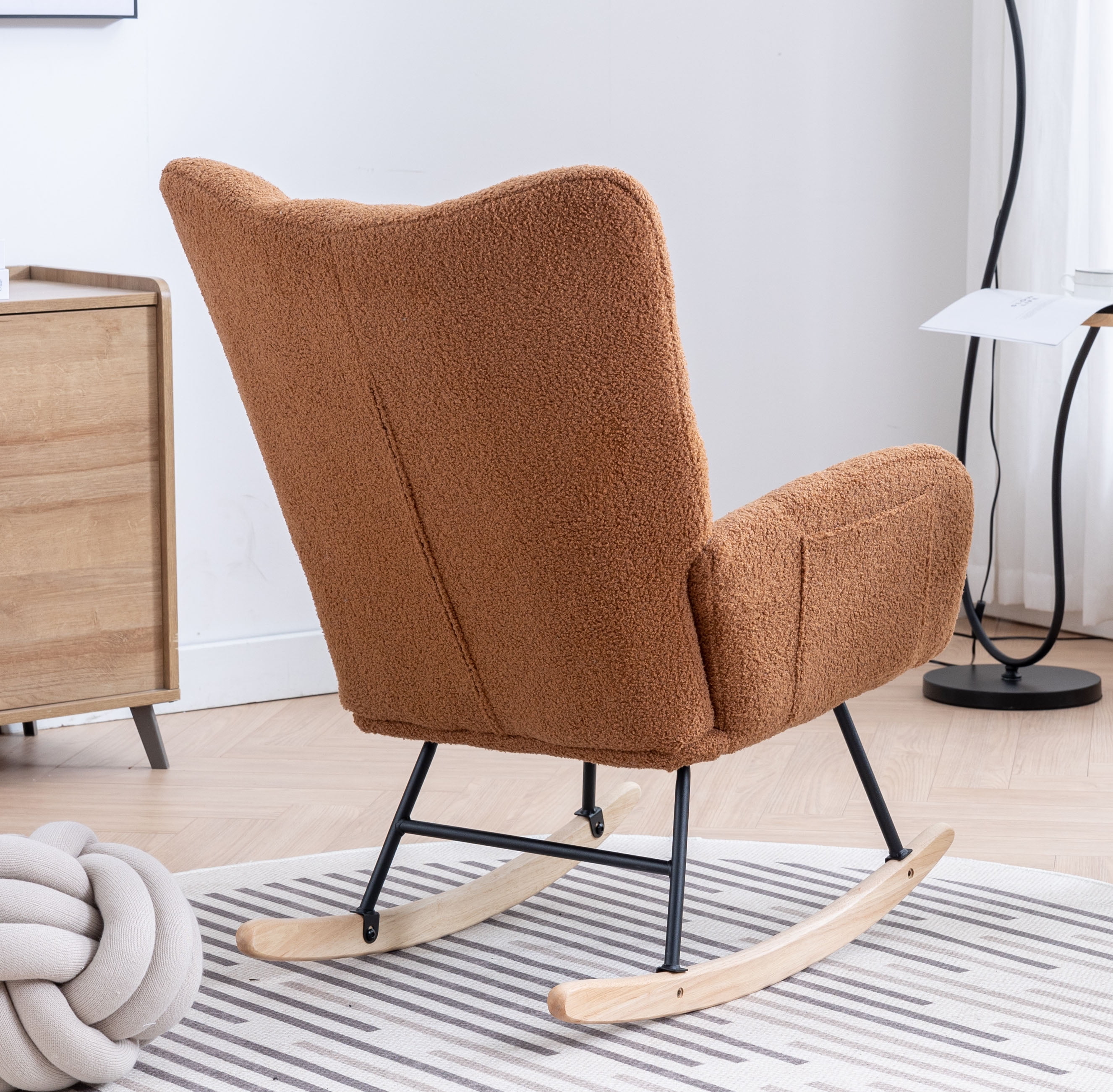 Rocking Chair Nursery,Teddy Upholstered Glider Rocker with High Backrest,Modern Rocking Accent Chairs Glider Recliner for Living Room, Nursery, Bedroom,Brown