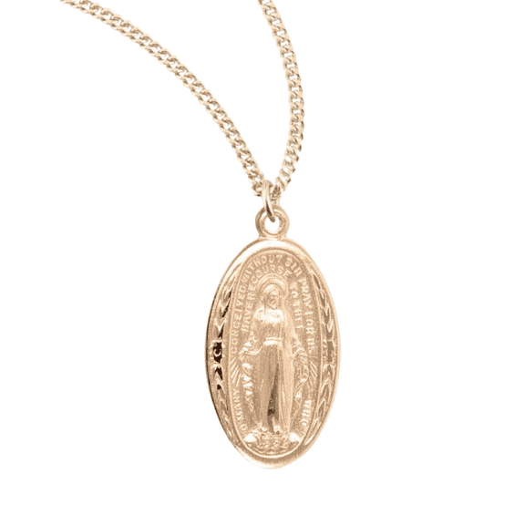 16kt Plated Sterling Silver Oval Miraculous Blessed Mother Mary Medal Necklace 18" Gold-Plated Chain – Made in USA – Deluxe Velvet Gift Box Included