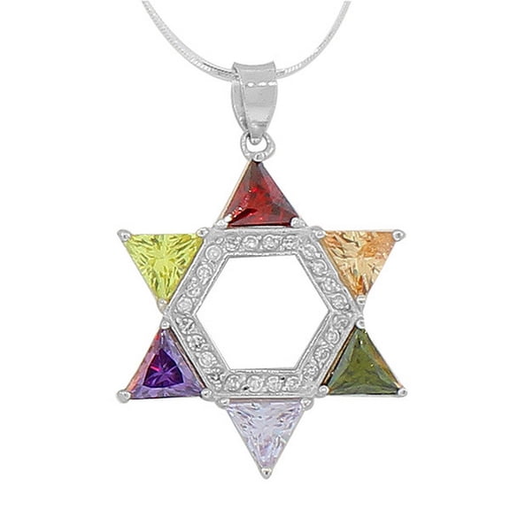 925 Sterling Silver Jewish Star of David Multicolor Pendant Necklace