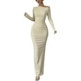 thumbnail image 3 of Zedker Fall Dress for Women 2025 Long Sleeve Maxi Formal Crew Neck Bodycon Ruched Cocktail Party Dresses Khaki Plus XL, 3 of 8
