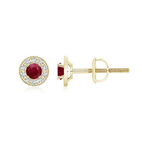 ANGARA Natural Ruby Margarita Stud Earrings with Diamond Halo in 14K Yellow Gold for Women (Size-4mm) | July Birthstone, Birthday, Anniversary, Jewelry Gift for Women | Natural Ruby Earrings