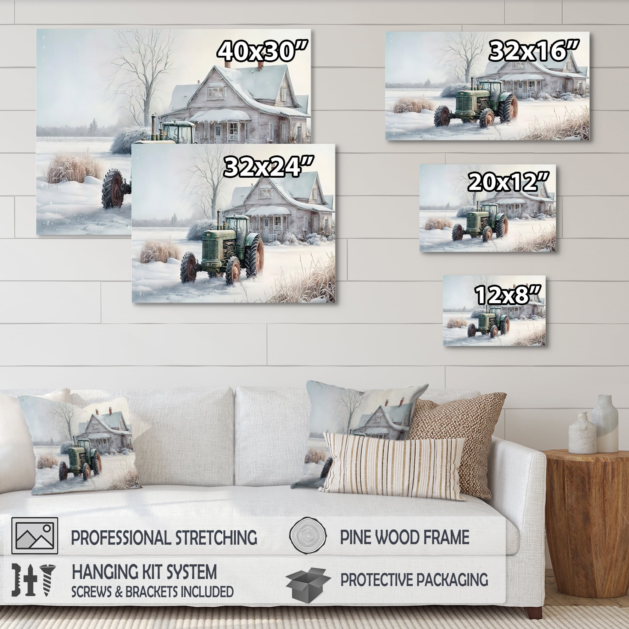Designart Tractor At The Barn In Winter II Canvas Wall Art