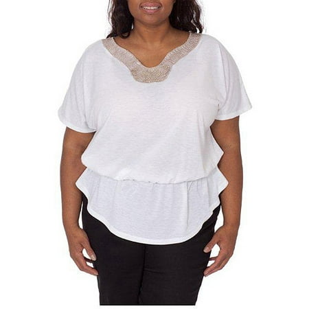 Plus Moda Women's Plus-Size Embellished Knit Top with Gathered Waist