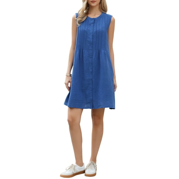 INSPIRE CHIC Sleeveless Mini Dress for Women's Crew Neck Button Down Pleats Casual Mini Dresses XS Blue