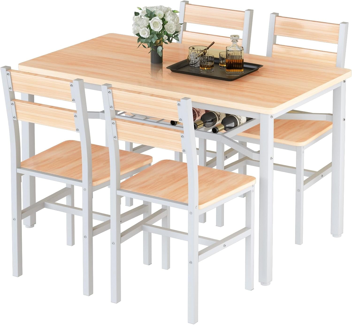 LinkRomat Dining Table Set for 4, Farmhouse Kitchen Table with 4 Wood Chairs, Dining Room Set for Breakfast Nook, Small Places, Restaurant, Beige