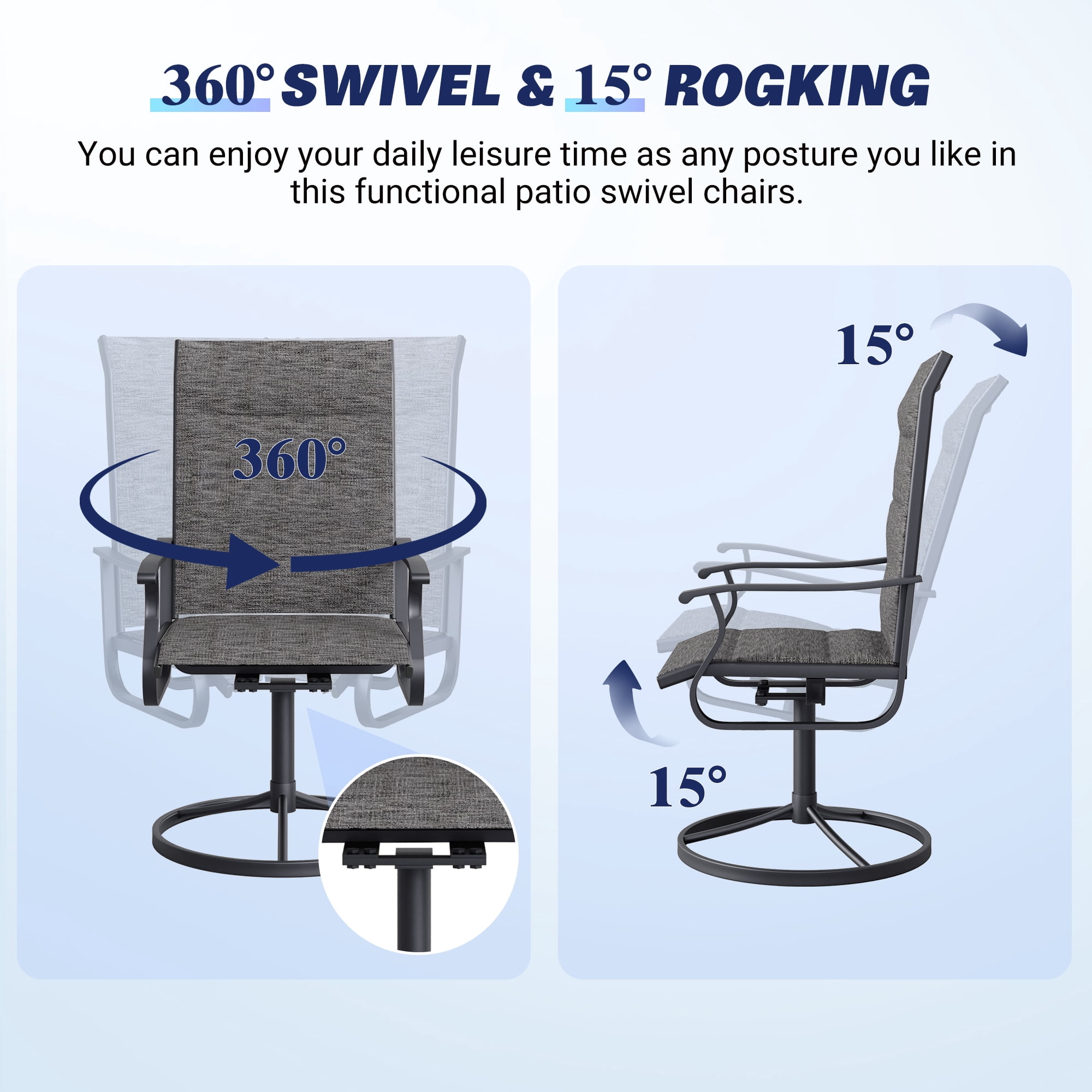 Techmilly Patio Swivel Chairs Set of 4, Outdoor Dining Chairs High Back Padded All Weather Breathable Textilene Outdoor Swivel Chairs with Metal Rocking Frame for Lawn Garden Backyard Deck, Dark Grey